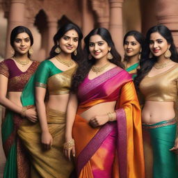 A group of Indian girls wearing traditional sarees paired with bras, showcasing the vibrant colors and intricate designs of the sarees