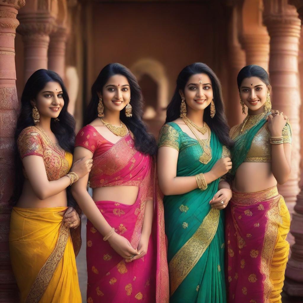 A group of Indian girls wearing traditional sarees paired with bras, showcasing the vibrant colors and intricate designs of the sarees