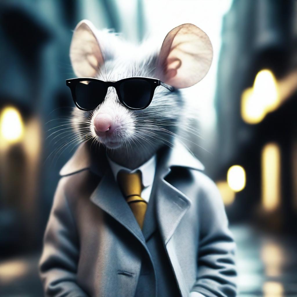 A stylish rat wearing a trenchcoat and sunglasses, with curly white and gray fur