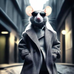 A stylish rat wearing a trenchcoat and sunglasses, with curly white and gray fur