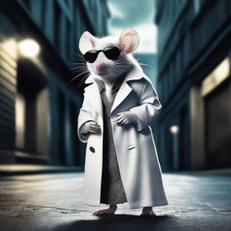 A stylish rat wearing a trenchcoat and sunglasses, with curly white and gray fur