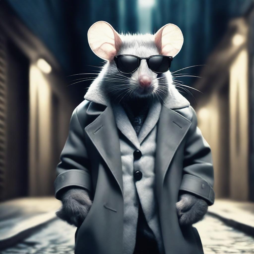 A stylish rat wearing a trenchcoat and sunglasses, with curly white and gray fur