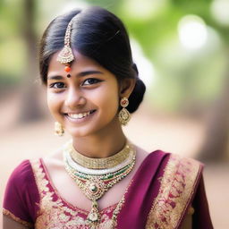 A young Indian girl wearing traditional attire, captured in a serene outdoor setting