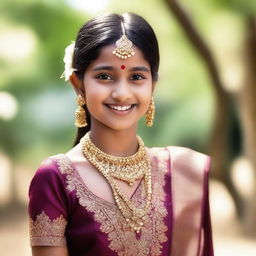 A young Indian girl wearing traditional attire, captured in a serene outdoor setting