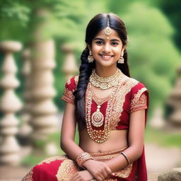 A young Indian girl wearing traditional attire, captured in a serene outdoor setting