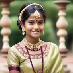 A young Indian girl wearing traditional attire, captured in a serene outdoor setting