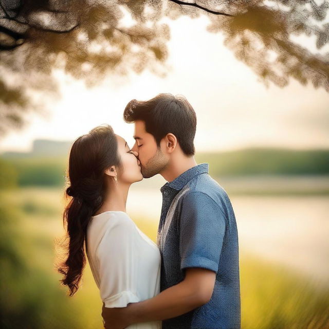 A romantic couple sharing a kiss, captured in a tender moment