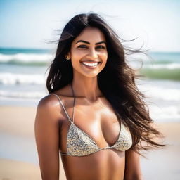 A beautiful Indian woman wearing a stylish bikini, standing confidently on a sunny beach with waves gently crashing in the background