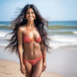 A beautiful Indian woman wearing a stylish bikini, standing confidently on a sunny beach with waves gently crashing in the background