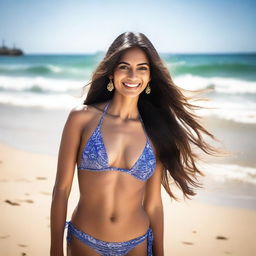 A beautiful Indian woman wearing a stylish bikini, standing confidently on a sunny beach with waves gently crashing in the background