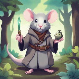 A cute Dungeons & Dragons-themed rat wearing a trenchcoat