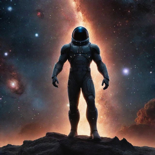 A majestic god of black holes, poised with authority, standing beside his grand army, comprised of stars and galaxies, in the vast expanses of the universe.