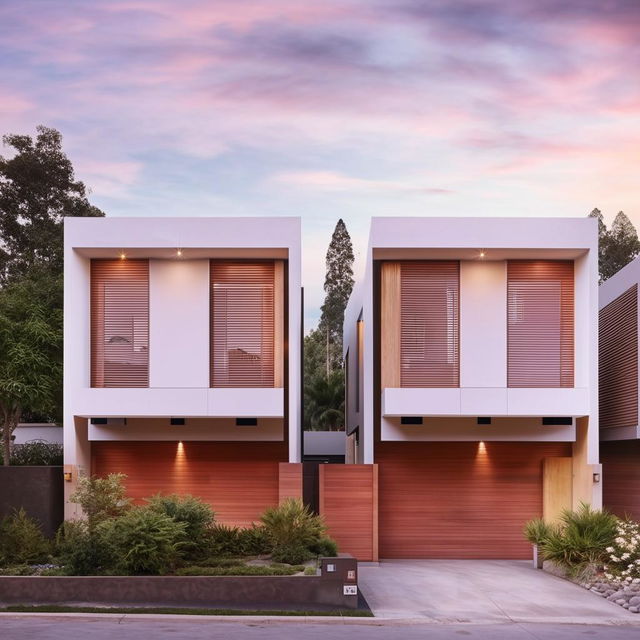 A 35*34 square feet duplex house exterior with a modern design. Features large windows, neutral colors, and vibrant landscaping.