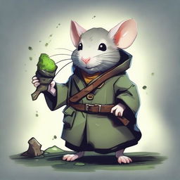 A cute Dungeons & Dragons-themed rat wearing a trenchcoat