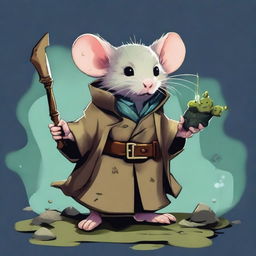 A cute Dungeons & Dragons-themed rat wearing a trenchcoat