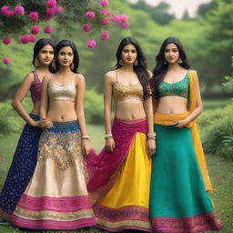 A group of Indian girls wearing traditional ghagra skirts paired with modern bras, standing in a picturesque garden with colorful flowers and lush greenery