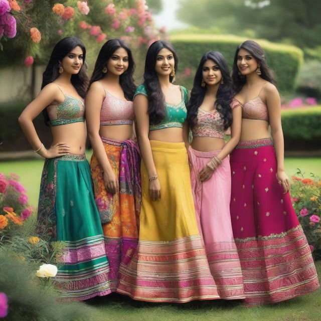 A group of Indian girls wearing traditional ghagra skirts paired with modern bras, standing in a picturesque garden with colorful flowers and lush greenery