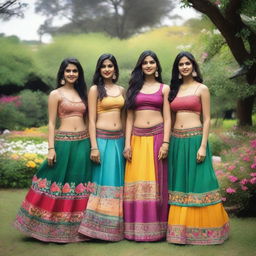 A group of Indian girls wearing traditional ghagra skirts paired with modern bras, standing in a picturesque garden with colorful flowers and lush greenery