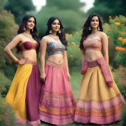 A group of Indian girls wearing traditional ghagra skirts paired with modern bras, standing in a picturesque garden with colorful flowers and lush greenery