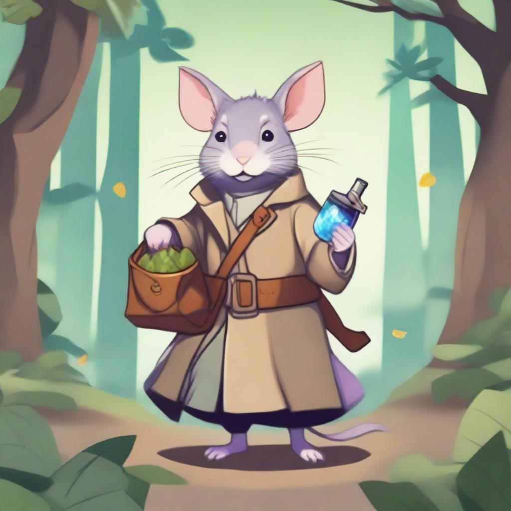 A cute Dungeons & Dragons-themed rat wearing a trenchcoat and carrying a small bag