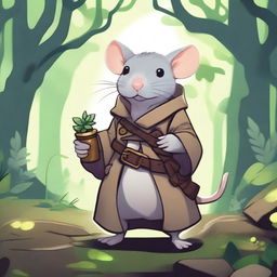 A cute Dungeons & Dragons-themed rat wearing a trenchcoat and carrying a small bag