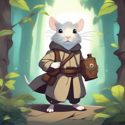 A cute Dungeons & Dragons-themed rat wearing a trenchcoat and carrying a small bag