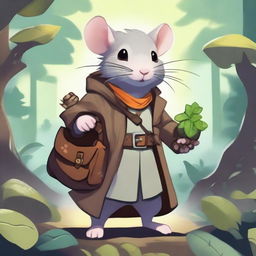 A cute Dungeons & Dragons-themed rat wearing a trenchcoat and carrying a small bag