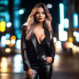 A stunning woman with a confident and alluring presence, standing in an urban setting with city lights in the background