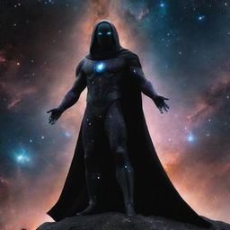 A majestic god of black holes, poised with authority, standing beside his grand army, comprised of stars and galaxies, in the vast expanses of the universe.