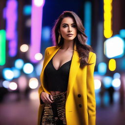 A stunning woman with a confident and alluring presence, standing in an urban setting with city lights in the background