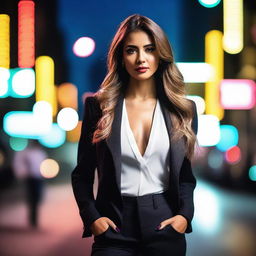 A stunning woman with a confident and alluring presence, standing in an urban setting with city lights in the background