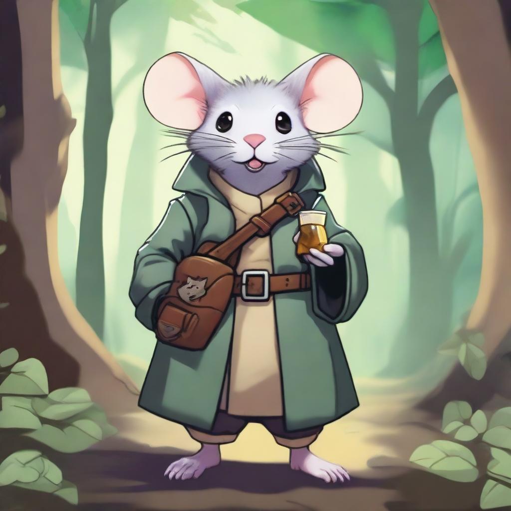 A cute Dungeons & Dragons-themed rat wearing a trench coat and carrying a small bag