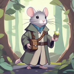 A cute Dungeons & Dragons-themed rat wearing a trench coat and carrying a small bag