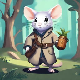 A cute Dungeons & Dragons-themed rat wearing a trench coat and carrying a small bag