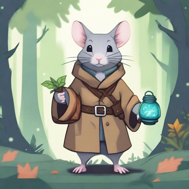 A cute Dungeons & Dragons-themed rat wearing a trench coat and carrying a small bag