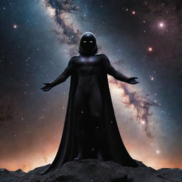 A majestic god of black holes, poised with authority, standing beside his grand army, comprised of stars and galaxies, in the vast expanses of the universe.