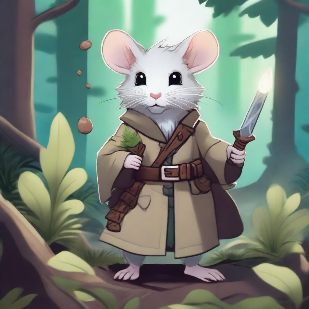 A cute Dungeons & Dragons-themed rat wearing an open trench coat, revealing a small magical artifact and a dagger inside