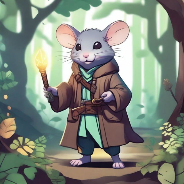 A cute Dungeons & Dragons-themed rat wearing an open trench coat, revealing a small magical artifact and a dagger inside