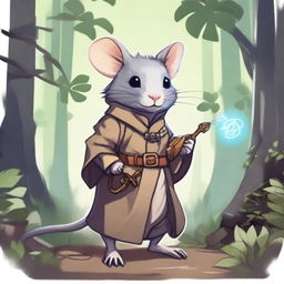 A cute Dungeons & Dragons-themed rat wearing an open trench coat, revealing a small magical artifact and a dagger inside