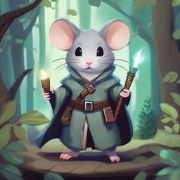 A cute Dungeons & Dragons-themed rat wearing an open trench coat, revealing a small magical artifact and a dagger inside