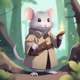 A cute, fluffy rat in a trench coat, themed around Dungeons & Dragons