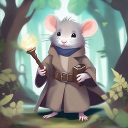 A cute, fluffy rat in a trench coat, themed around Dungeons & Dragons