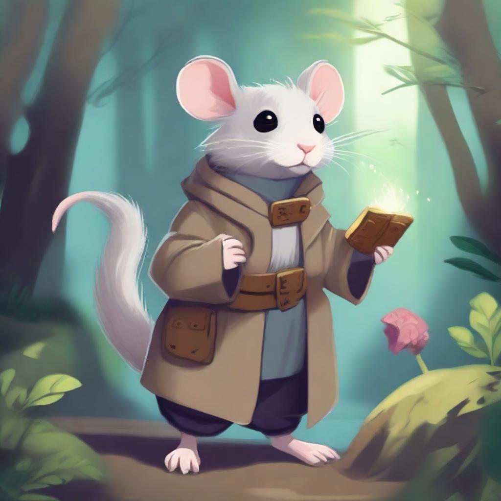 A cute, fluffy rat in a trench coat, themed around Dungeons & Dragons