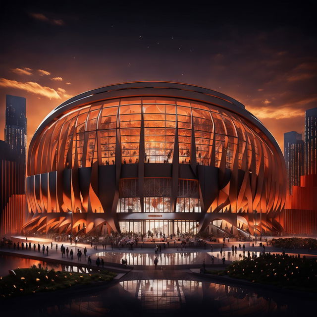 A sports stadium inspired by basketball with an orange exterior and black lines forming patterns like seams. The entrance is shaped like a hoop and windows follow patterns of lines on a ball. Inside, basketball players are in action and crowds of people cheer them on. At night, it glows from within following these patterns.