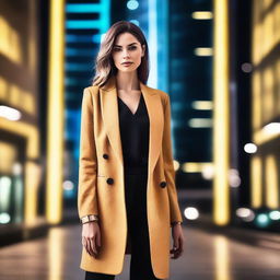 A confident and stylish woman standing in a chic urban environment