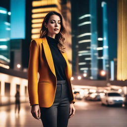 A confident and stylish woman standing in a chic urban environment