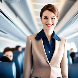 A professional and attractive air hostess in a sleek and stylish uniform, standing in the aisle of a modern airplane