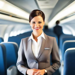 A professional and attractive air hostess in a sleek and stylish uniform, standing in the aisle of a modern airplane