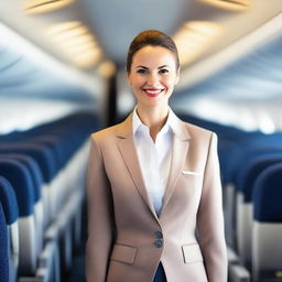 A professional and attractive air hostess in a sleek and stylish uniform, standing in the aisle of a modern airplane