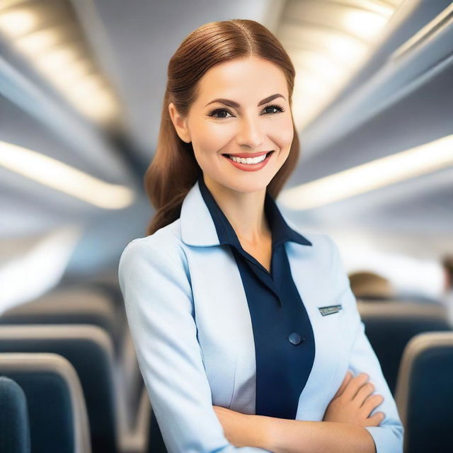 A professional and attractive air hostess in a sleek and stylish uniform, standing in the aisle of a modern airplane